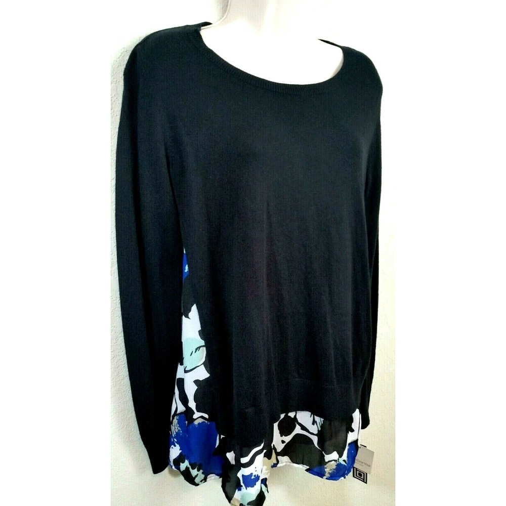 LIZ CLAIBORNE Black Sweater Faux Attached Blue Floral Shirt Sz Small NWT